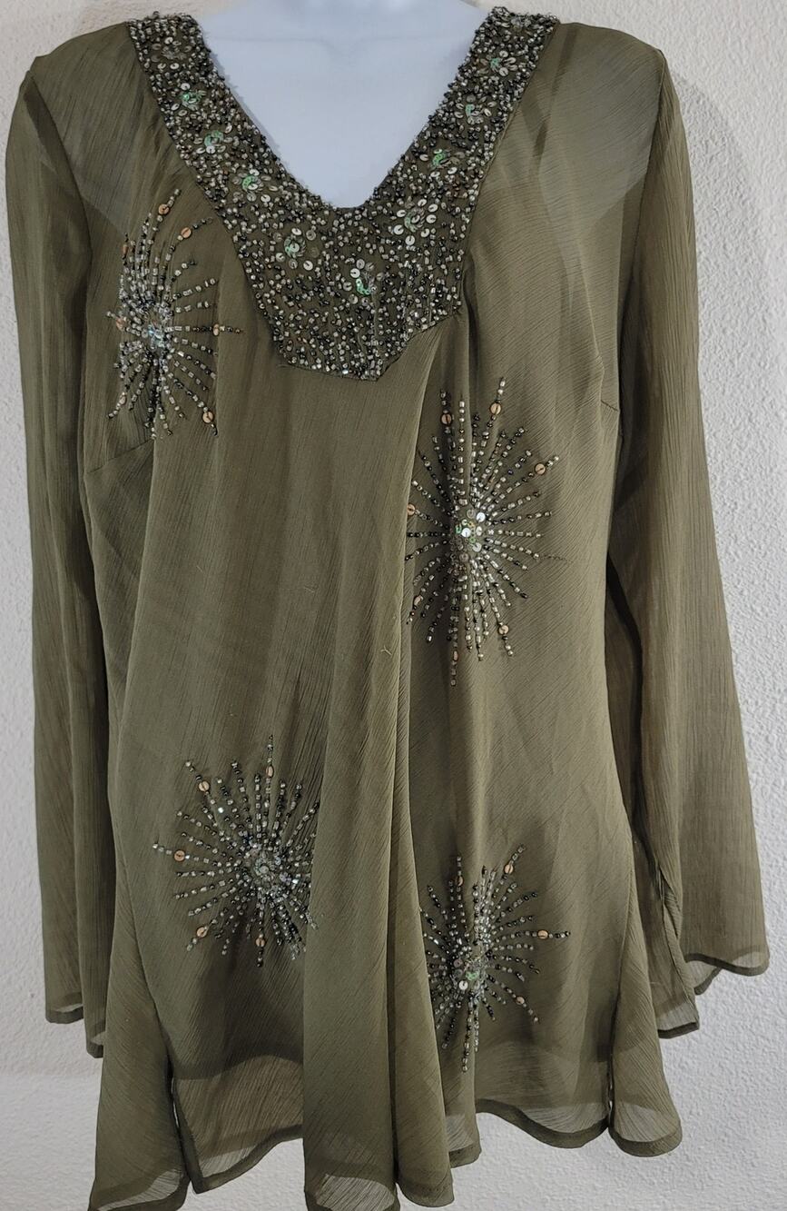 Goodclothes Army Green Beaded Tunic And Camisole Shirt S Sheer Lightweight